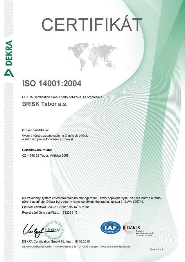 сертификат ČSN EN ISO 14 001:2005.