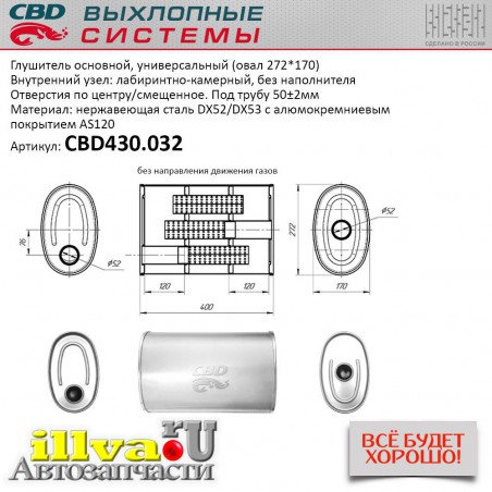 Глушитель основной универсальный СВД, размер 400 х 272 х 170 х 50 мм, отверстия по центру и смещенное, овал 272*170мм CBD430.032