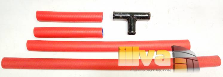 Патрубки отопителя ВАЗ 2110 , силикон + каучук, усиленные, красные, PANTUS A-SPORT, (в комплекте 4 патрубка с тройником)